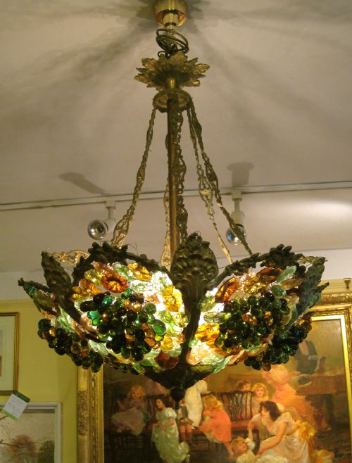 An Antique Ceiling Light with Glass Grapes and Flowers