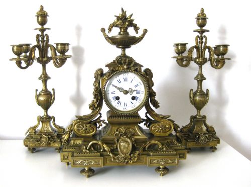 Victorian Ornate Brass Clock Garniture Set