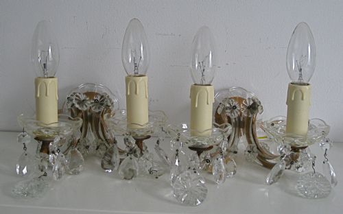 A Pair of Glass Wall Lights with Crystal Drops
