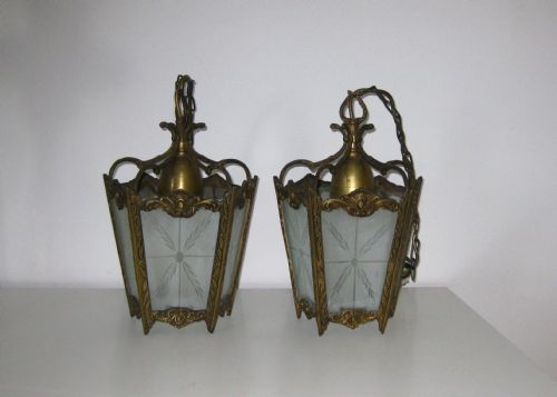 Single Brass Hall Lantern with Etched Glass Panels