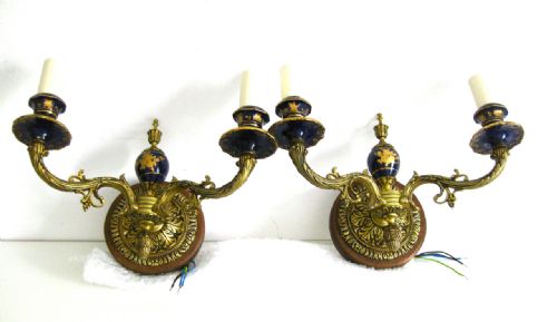 A Pair of Blue Porcelain and Brass Wall Lights