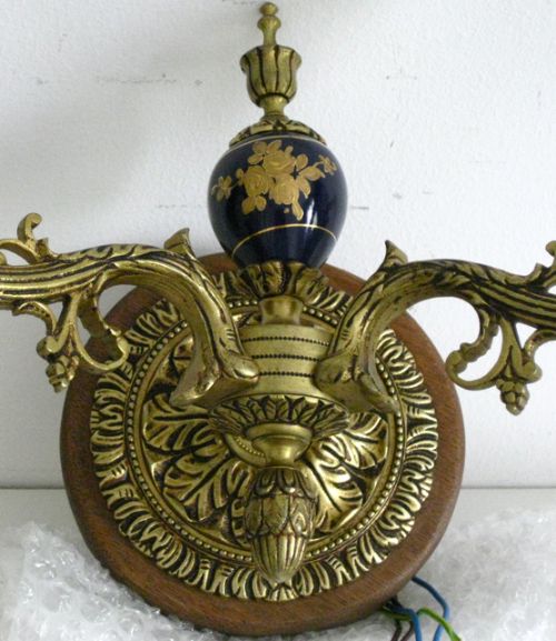 fig 1. A PAIR OF BLUE PORCELAIN AND BRASS WALL LIGHTS