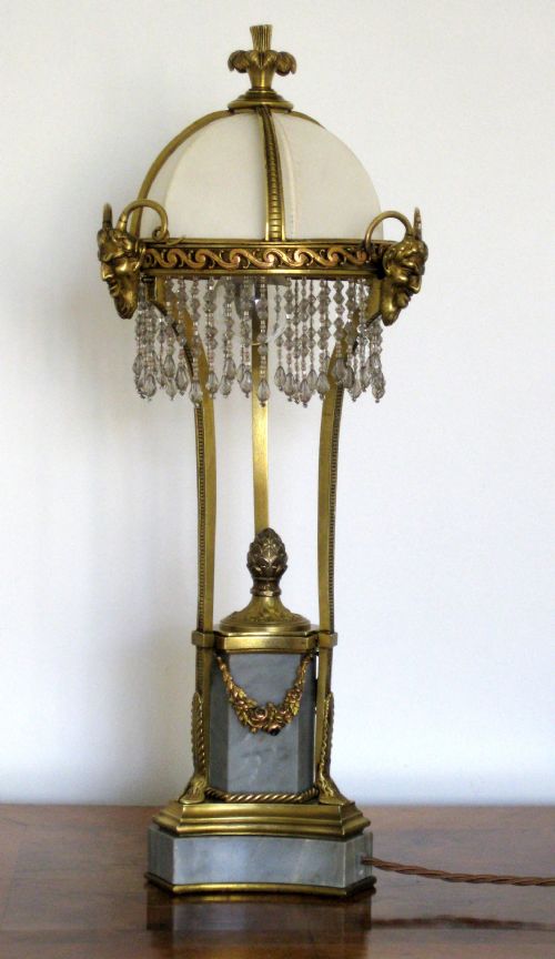 A Brass and Marble Lamp with Beaded Shade