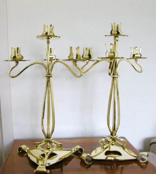 Pair Art Nouveau Brass Candelabra