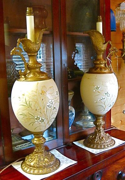 Pair of Large Victorian Glass and Ormolu Lamps