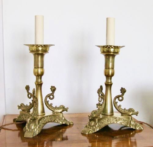 Pair of  Brass Table Lamps with Dolphins