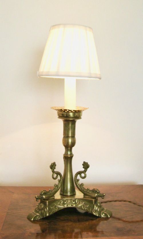fig 1. PAIR OF BRASS TABLE LAMPS WITH DOLPHINS
