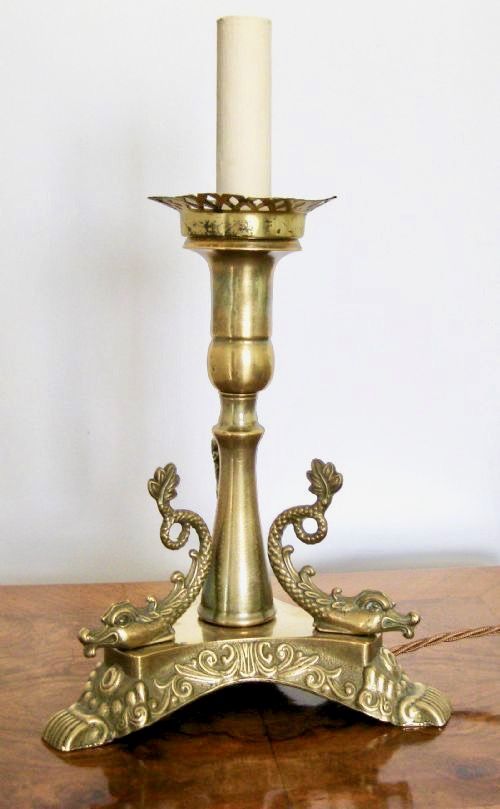 fig 2. PAIR OF BRASS TABLE LAMPS WITH DOLPHINS