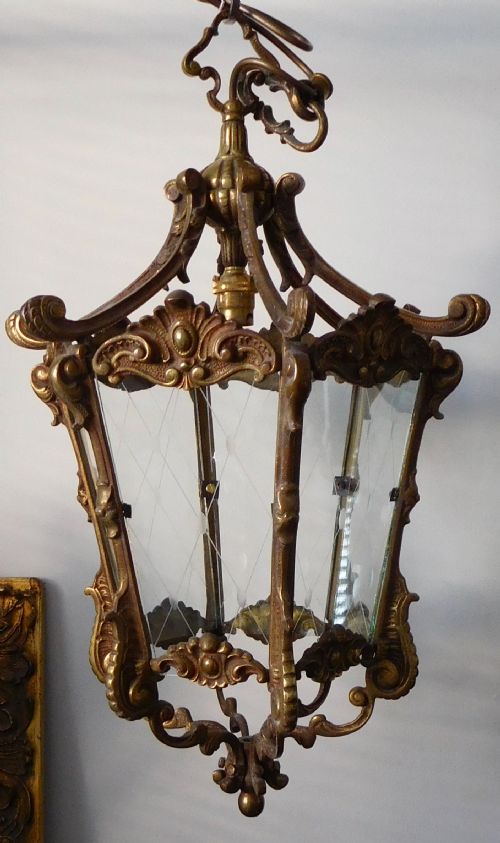 A Heavy Brass Hall Lantern with Six Glass Panels
