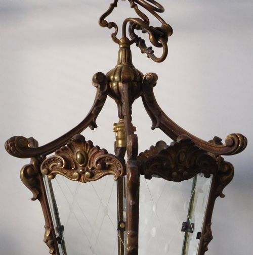 fig 1. A HEAVY BRASS HALL LANTERN WITH SIX GLASS PANELS