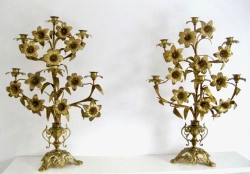 A Pair of Antique Brass Flower Candelabra