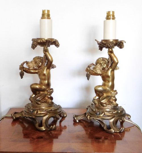 Pair Victorian Gilded Bronze Cherub Lamps