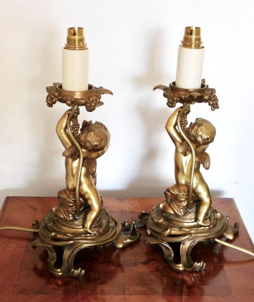 fig 1. PAIR VICTORIAN GILDED BRONZE CHERUB LAMPS