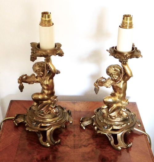fig 2. PAIR VICTORIAN GILDED BRONZE CHERUB LAMPS