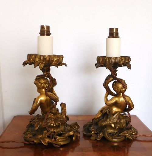 fig 1. A PAIR OF VICTORIAN GILDED BRONZE CHERUB LAMPS