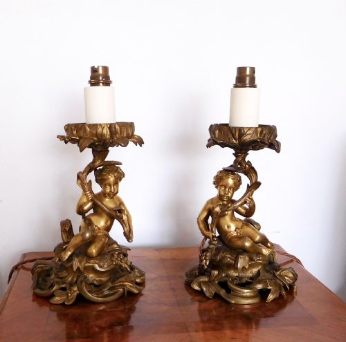 fig 3. A PAIR OF VICTORIAN GILDED BRONZE CHERUB LAMPS