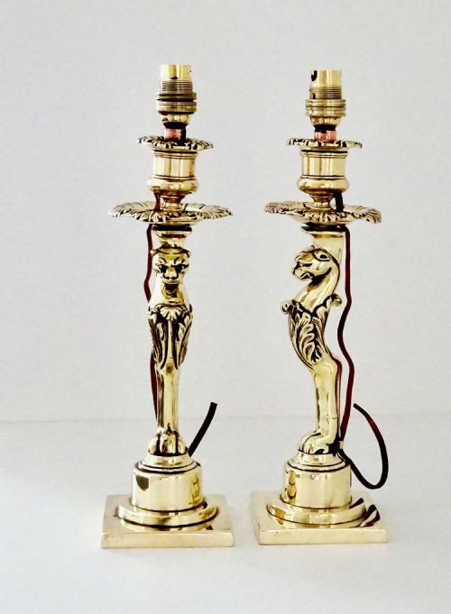 A Pair of 19thc Brass Candlesticks/lamps