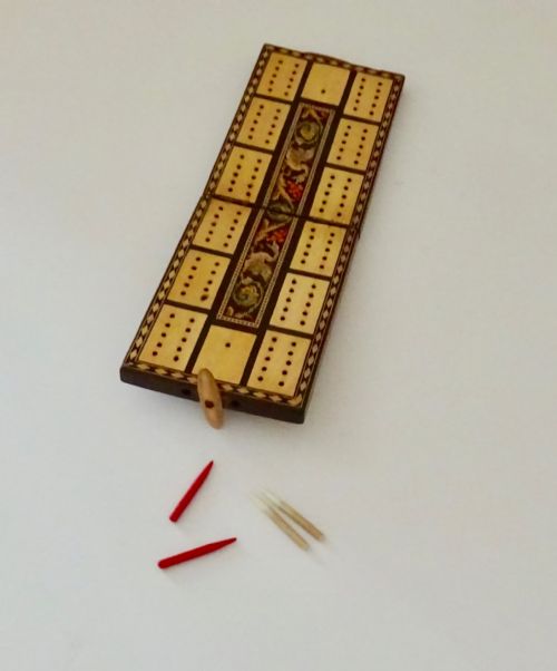 fig 1. 19thC SORRENTO WARE OLIVE WOOD CRIBBAGE BOARD