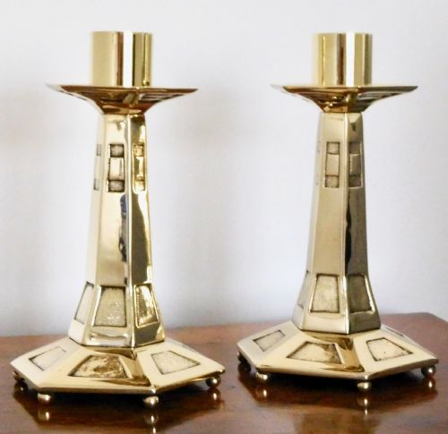 Pair of Heavy Arts and Crafts Candlesticks