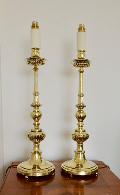 Pair Edwardian Heavy Brass Table Lamps
