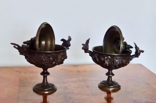 fig 1. PAIR VICTORIAN BRONZE  VASES WITH BIRD HANDLES