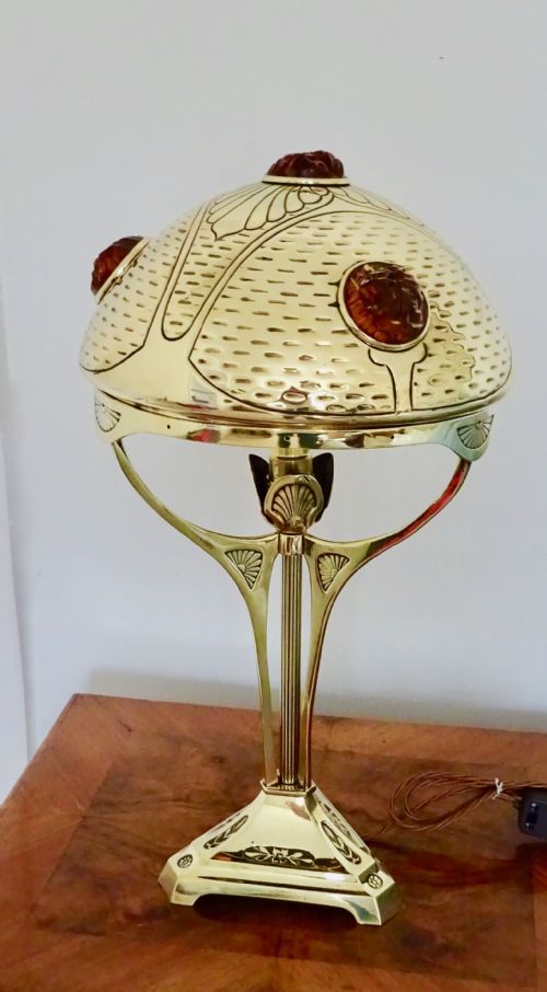 Art Deco Brass Lamp with Faceted Glass Decorations on the Shade