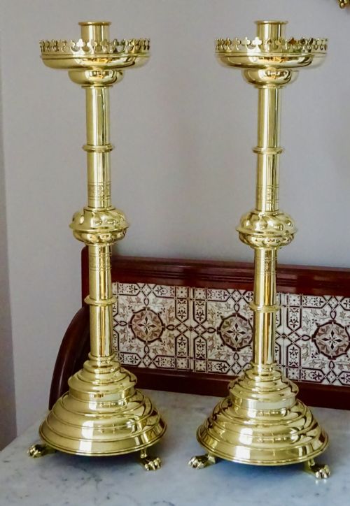 Pair Victorian Very Tall and Heavy Brass Candlesticks