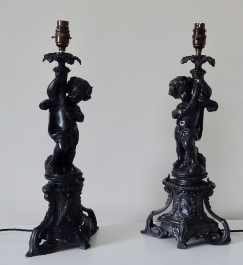 fig 1. PAIR VICTORIAN SPELTER CHERUB LAMPS
