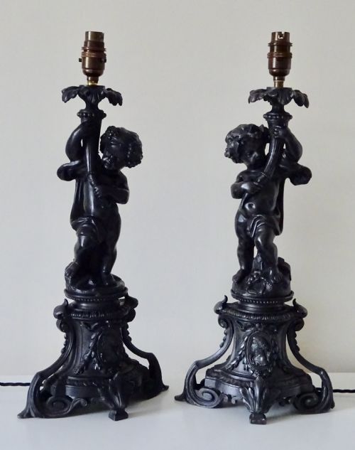 Pair Victorian Spelter Cherub Lamps