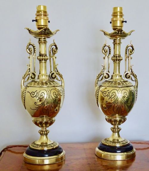 Pair of Victorian Brass and Onyx Lamps