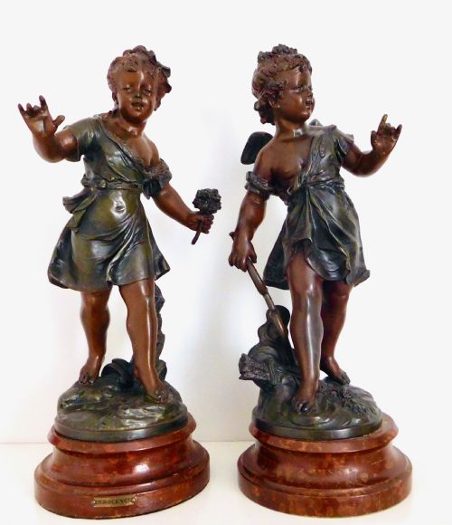 Pair Signed Bruchon Spelter Figures