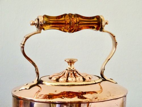 fig 1. VICTORIAN COPPER KETTLE WITH AMBER GLASS HANDLE