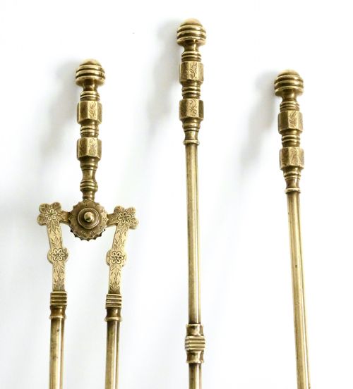fig 1. SET OF LONG HANDLE BRASS FIRE IRONS