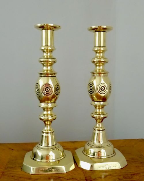 Victorian 'Good Luck' Brass Candlesticks