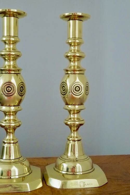 fig 1. VICTORIAN 'GOOD LUCK' BRASS CANDLESTICKS