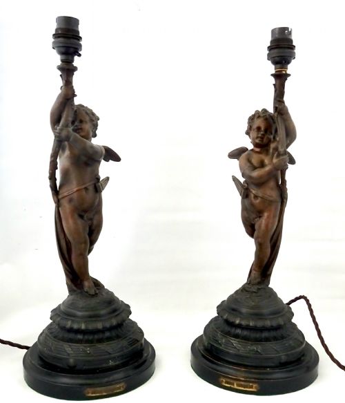 Pair Spelter Cherub Lamps