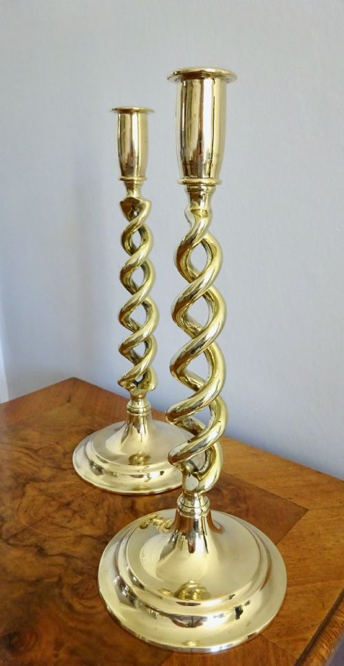 C1920  Pair of Open Twist Brass Candlesticks