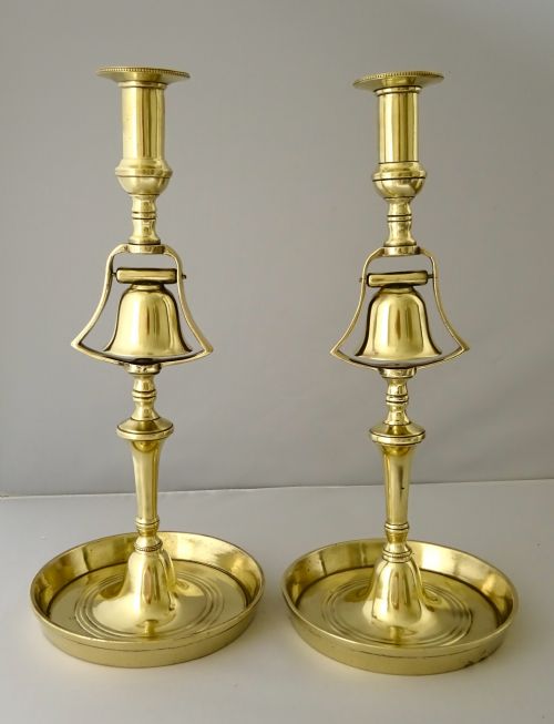 fig 1. PAIR BRASS TAVERN CANDLESTICKS WITH BELLS