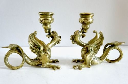Pair of Brass Dragon Candlesticks