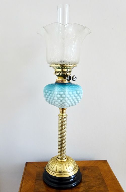 Brass and Blue Glass Oil Lamp with Original Shade