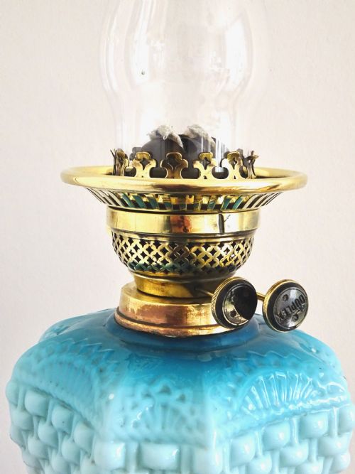 fig 1. BRASS AND BLUE GLASS OIL LAMP WITH ORIGINAL SHADE