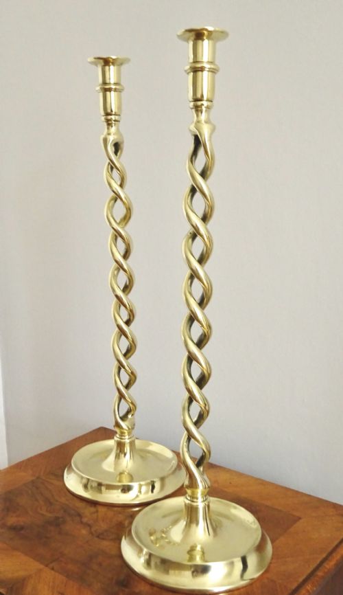 Pair Very Tall Open Twist Brass Candlesticks