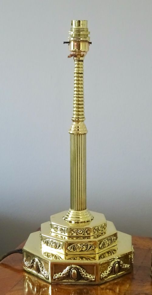 fig 1. A PAIR OF BRASS TABLE LAMPS WITH TIERED BASE