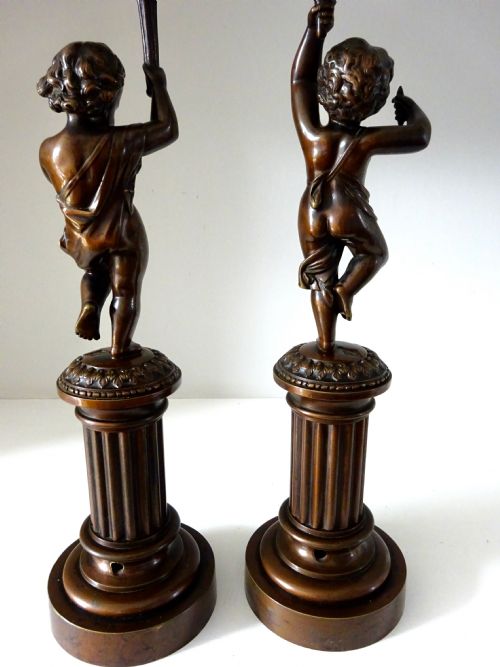 fig 1. DATED 1864 PAIR BRONZE CHERUB CANDLESTICKS
