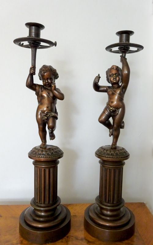 Dated 1864  Pair Bronze Cherub Candlesticks
