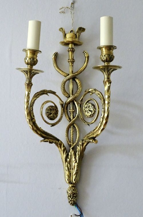 C 1880-1900  a Bronze Double Arm Caduceus Wall Light with Hermes/mercury at the Top