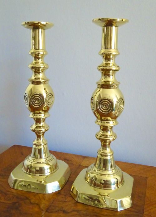 18801910 PAIR VICTORIAN 'GOOD LUCK' CANDLESTICKS