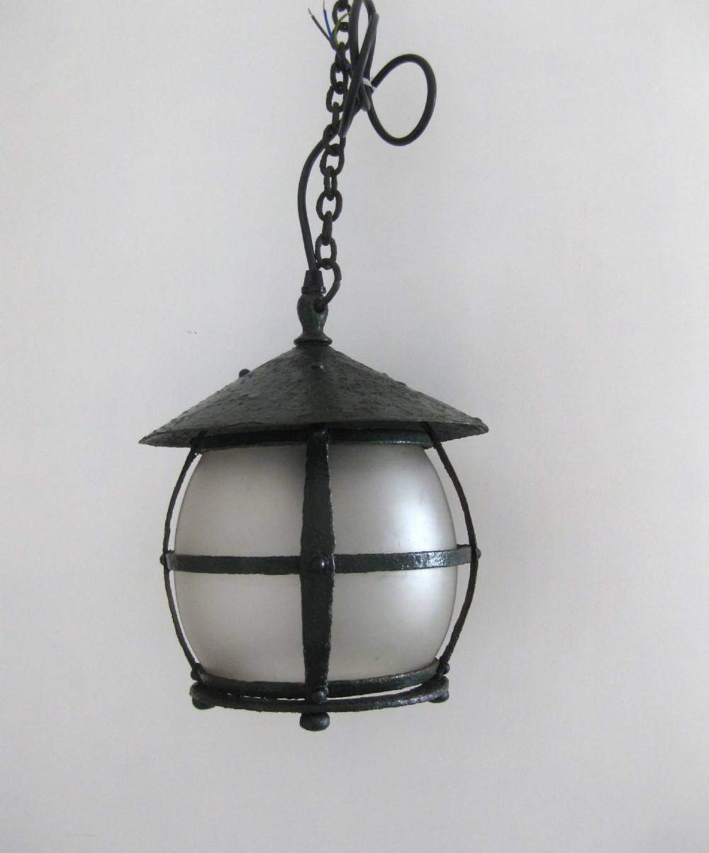 A LITTLE ROUND HALL LANTERN WITH ORIGINAL SHADE