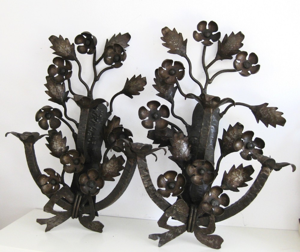 PAIR ARTS AND CRAFTS IRON WALL CANDELABRA