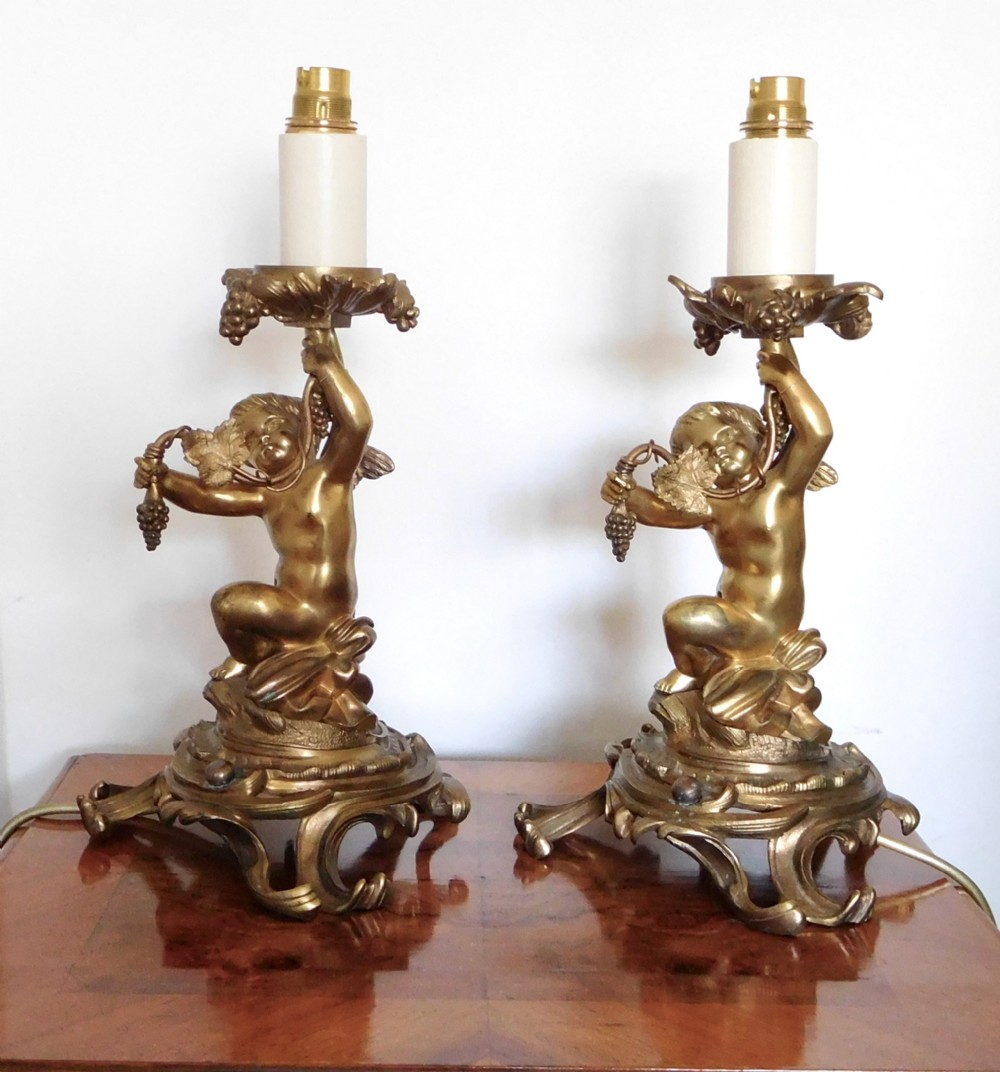 PAIR VICTORIAN GILDED BRONZE CHERUB LAMPS